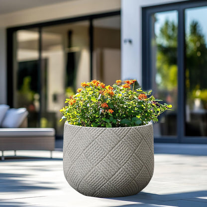 LuxenHome 14-Inch Dia Round Concrete Planters, Large Outdoor Indoor Decorative Plant Pots with Drainage Holes and Rubber Plug, Modern Gray Glen Woven Pattern Flower Pot Planters for Home Garden Patio