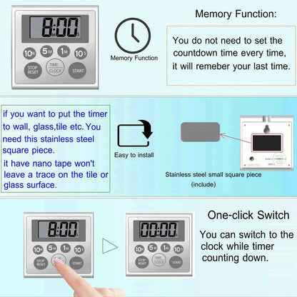 NUOSWEK Digital Timer Waterproof Shower Timer Shower Clock Bathroom Kitchen Timer with Strong Magnet and Large LCD Display (Waterproof 7 Key)