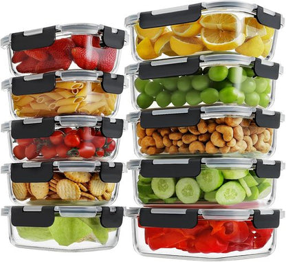 HOMBERKING Glass Meal Prep Containers - 10 Pack Airtight Food Storage with Locking Lids | BPA-Free, 36oz & 14oz