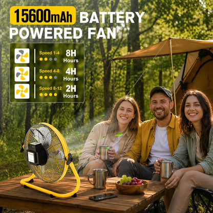 ZMLBTF 16" Solar Powered Fan with 20W Solar Panel & Rechargeable Battery, Portable, Quiet 12 Speed, 360° Tilt Head for Outside, Camping, Travel, Greenhouse, Chicken Coop, Patio, gazebo (Yellow)