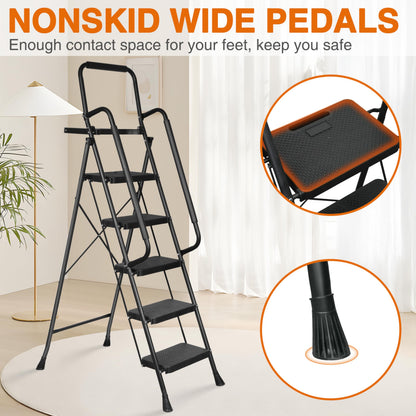 Arbusb Step Ladder, Folding Step Stool with Wide Anti-Slip Pedals, Sturdy Steel Ladder with Handrail, Space-Saving, Portable for Home & Adults, 5 Step Ladder