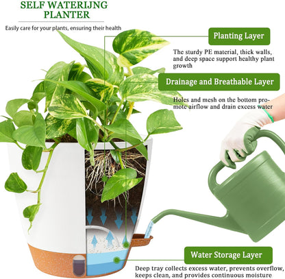Skiennix 8-Inch Self-Watering Plant Pots - Durable Plastic with Drainage Holes & Water Level Indicator | White (2-Pack)