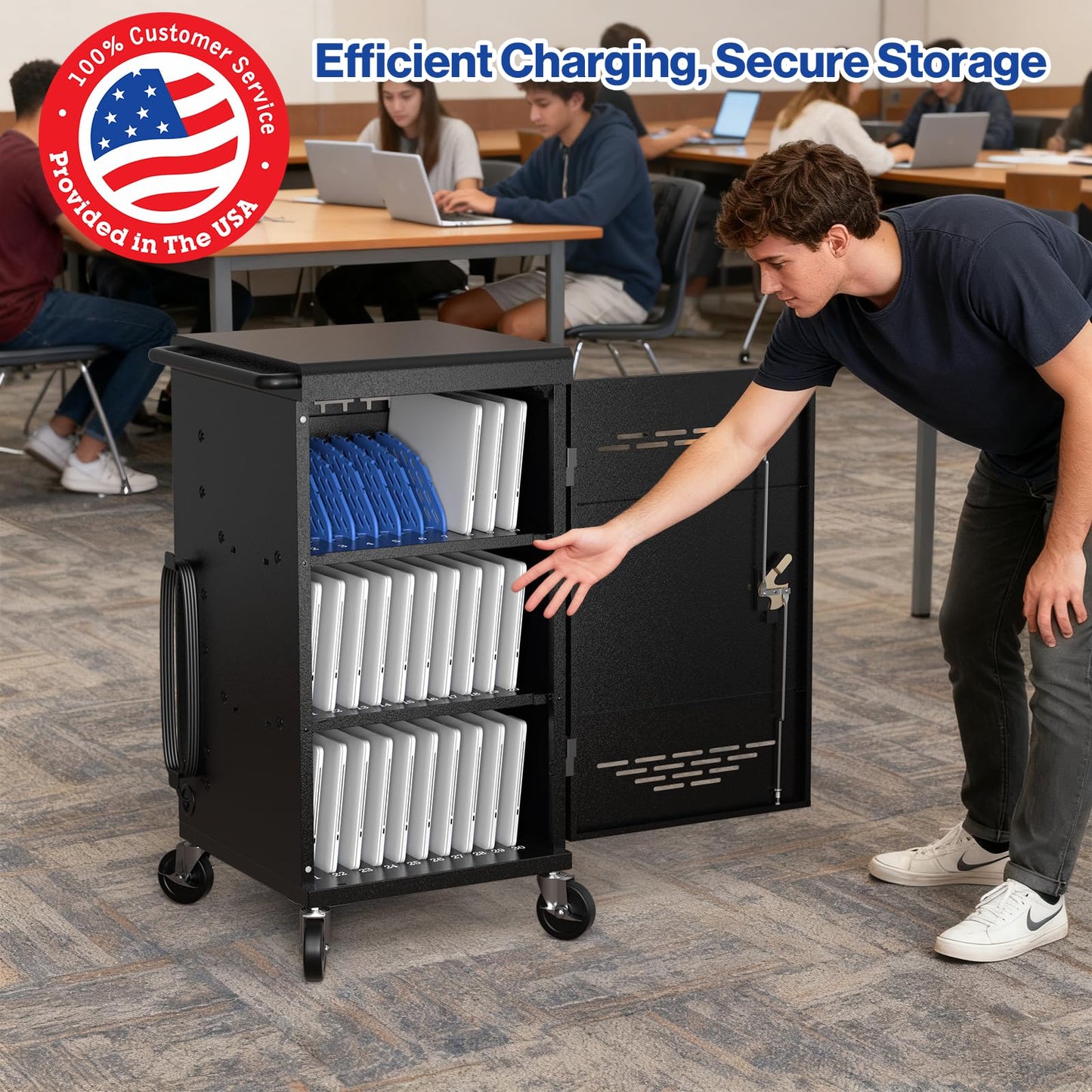 Pochar 30 Devices Laptop Charging Cart for Chromebook, iPad, 14'' Tablets - Charging Storage Cart for Classroom with Cable Management & Grounding Protection, Assembly Required