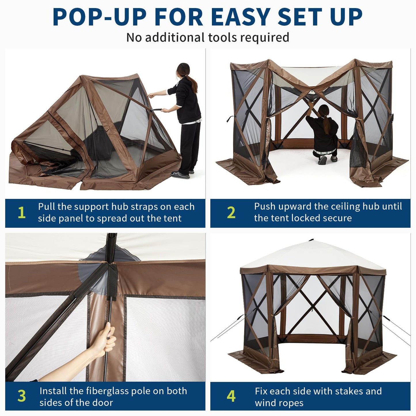 Hipicute 10x10ft Pop Up Gazebo Screen Tent with Mosquito Netting, 6 Sided Pop-Up Canopy Shelter Tent with Carrying Bag and Ground Stakes for Outdoor Camping, Lawn and Backyard
