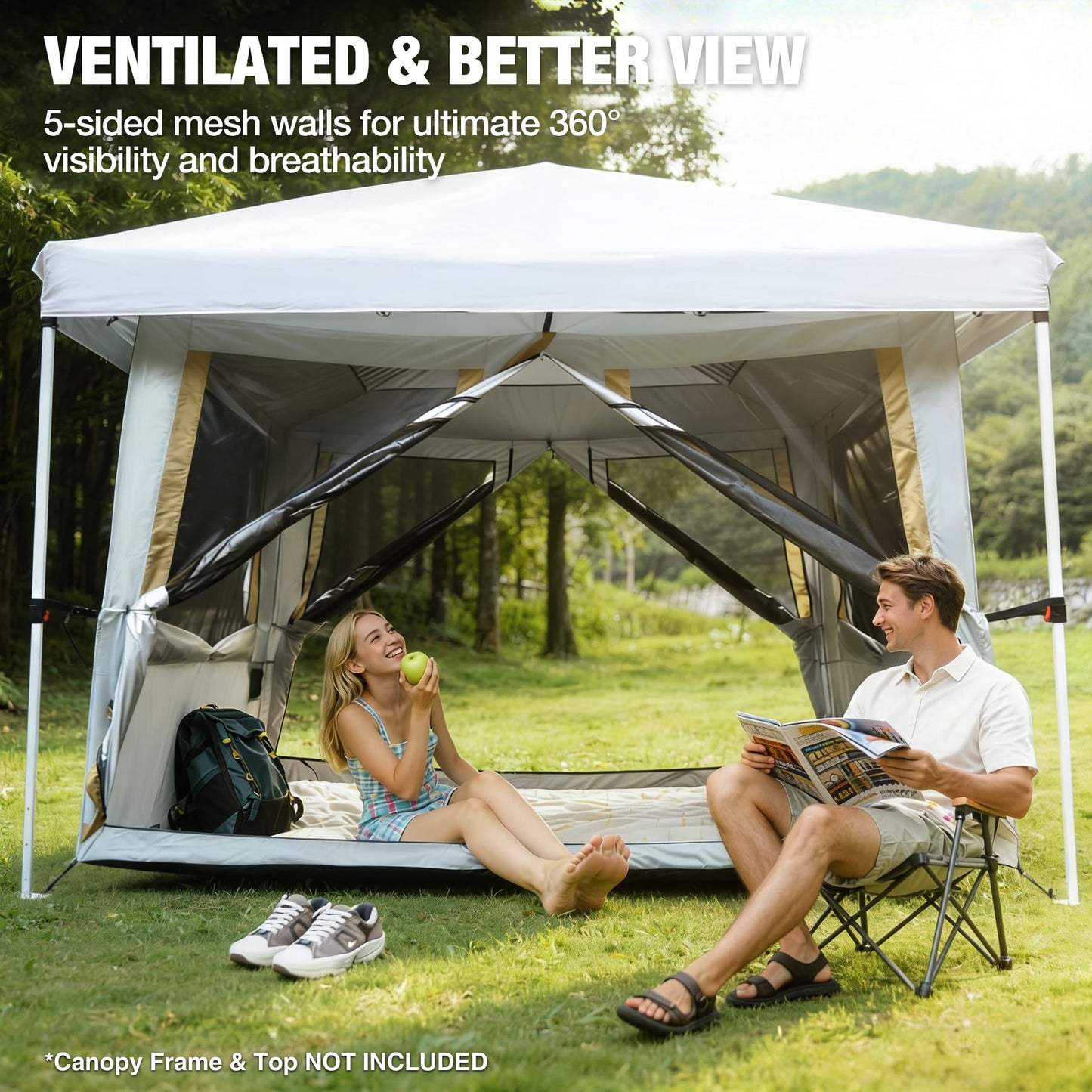 REDCAMP Canopy Camping Tent for Pop Up Canopy, Inner Tent with Mesh Window, Converts Straight Leg 10ft Canopy into Camping Shelter, Fits 4-6 Person, Khaki White(Frame/Shelter NOT Included)