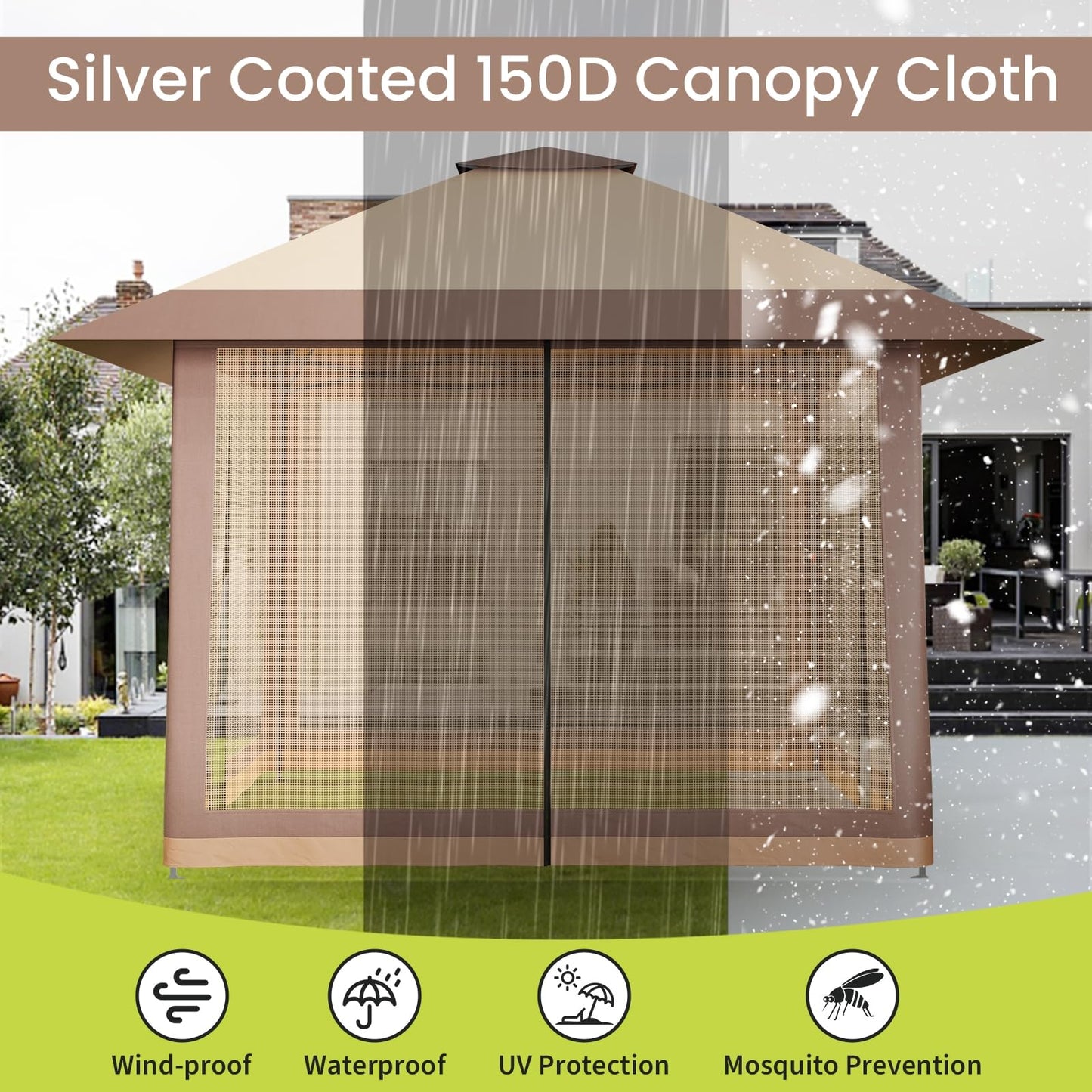 OutdoorVibe 13'x13' Gazebo, Pop Up Patio Gazebo Outdoor Canopy Tent with Double Roof Mosquito Netting & Portable Carry Bag for Backyard Lawn Deck Garden (Khaki)