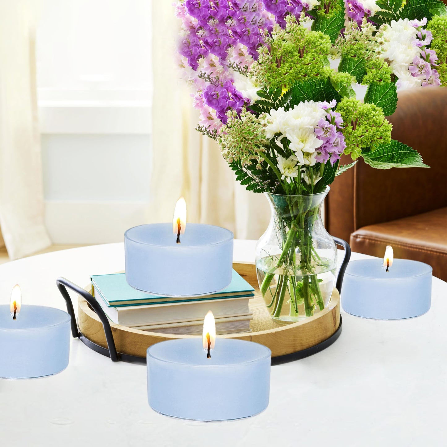 Blue Tea Lights Set of 24, Handmade Tealight Candles with Bluebell Scent, Long Burning Tea Candles, Tealights for Wedding Party Home Spa Decor Gift