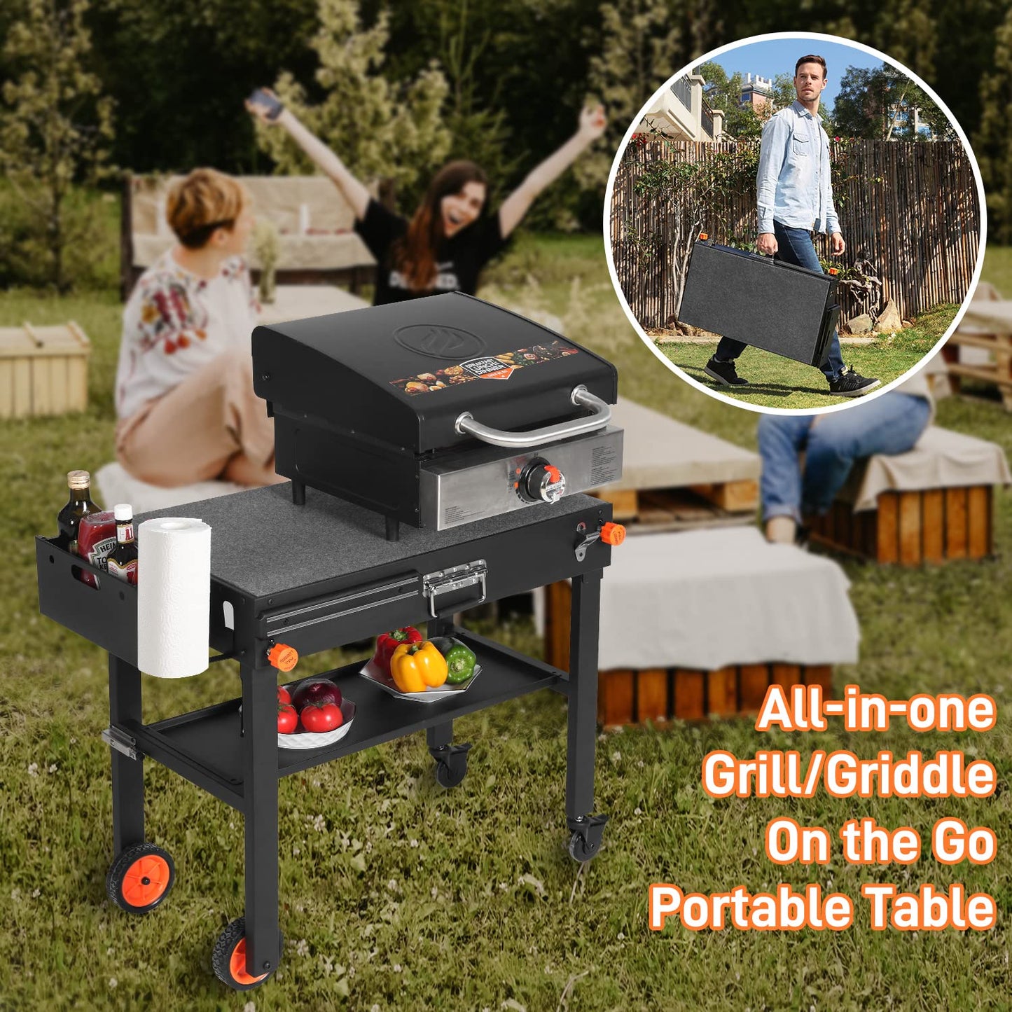 Portable Outdoor Grill Table, Folding Grill Cart with Wheels, Blackstone Griddle Stand for 17"/22" Griddle, Large Space Blackstone Table Solid and Sturdy, Grill Stand for Blackstones, Ninja, Weber