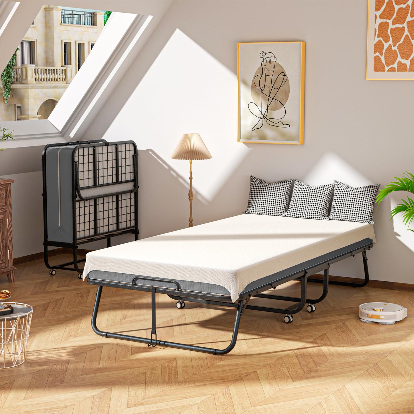 INTERGREAT Folding Bed with Mattress, Roll Away Beds with Mattress for Adults, Single Cot Foldable Rollaway Beds, 75" x 31" Portable Bed for Easy Storage, Strong Frame for Guest Room, Small Apartment