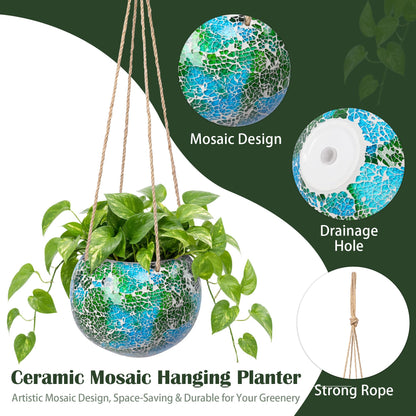 Chonsun Hanging Planter Mosaic Garden Pot Small Flower Pot for Indoor Plant Disco Ball Hanging Planter with Drainage Green