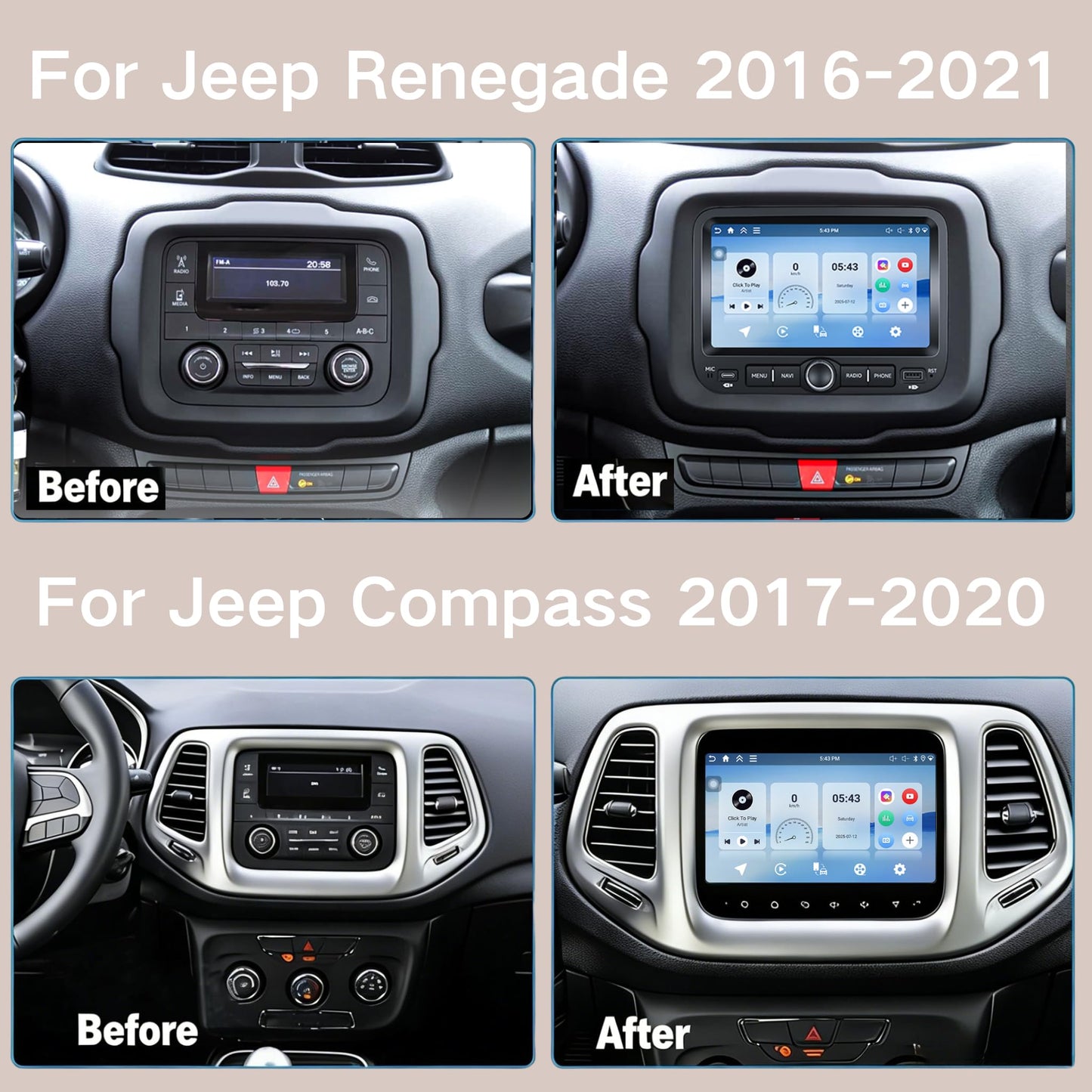 [4+128G] Hikity Android 15 Car Stereo for Jeep Renegade 2016-2021/Jeep Compass 2017-2020, 7'' in-Cell Touchscreen Radio Wireless Carplay Android Auto WiFi/BT/Mirror Link GPS SWC FM/EQ Backup Cam+Mic