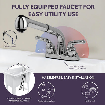 Freestanding Utility Sink with Pull-Out Faucet – 32" with Steel Legs – Multipurpose for Pet Washing & More, Indoor and Outdoor Use – by Noah William Home – Grey (26 gal)