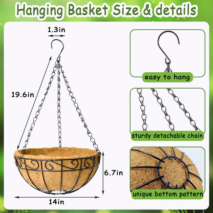 SMYAXUNW 14 Inch Hanging Planters (4 Pack) - Round Metal Baskets with Cocoa Liners for Indoor/Outdoor Gardens, Porch & Patio Decor（HB）