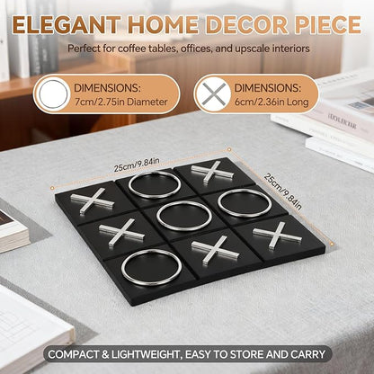 Tic Tac Toe Decor 10 x 10 Inch Wooden Black Wood Board with Gold/Silver X and O Pieces Modern Minimalist Coffee Table Decor for Living Room Office and Bookshelf Display (Silver)