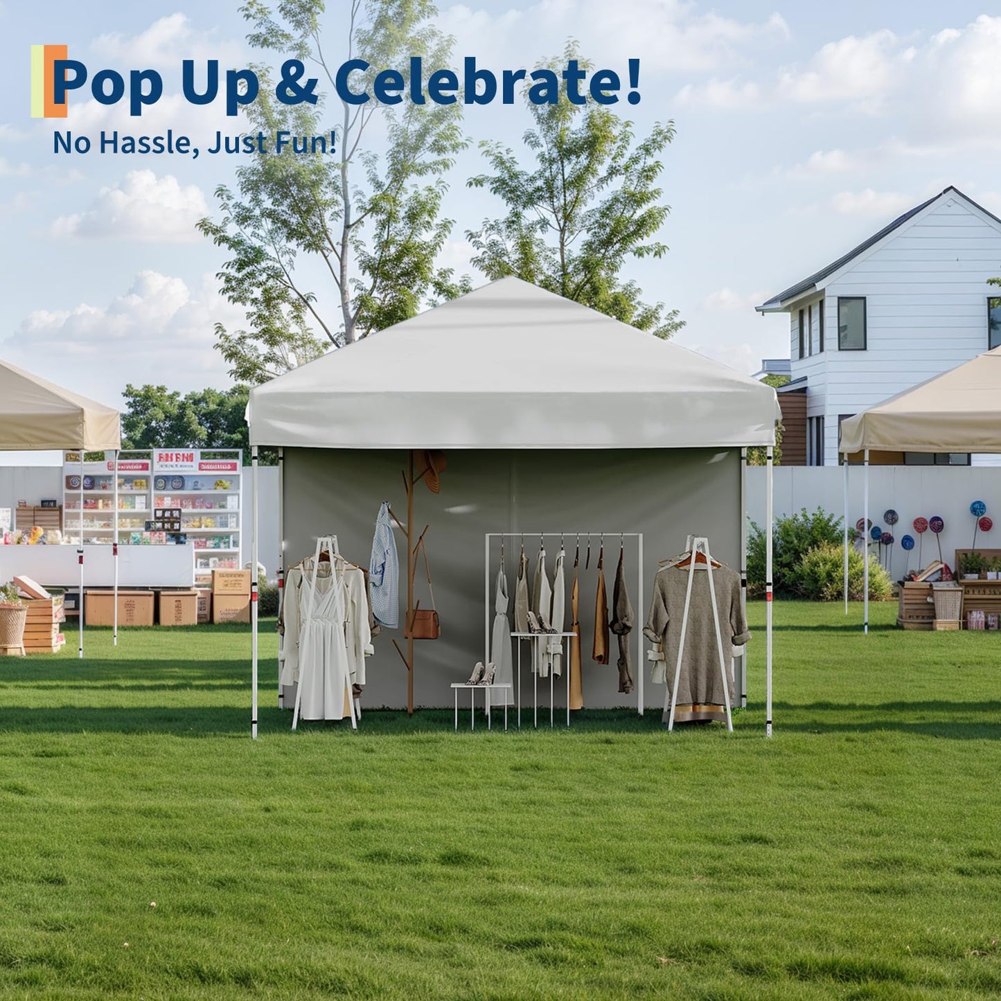 GarveeLife 10x10 Pop Up Canopy with 4Pcs Sidewalls Easy Up Camping Tent Outdoor Canopy with One Button Push Setup 1 Roller Bag 3 Adjustable Height 4 Weight Bags (White)