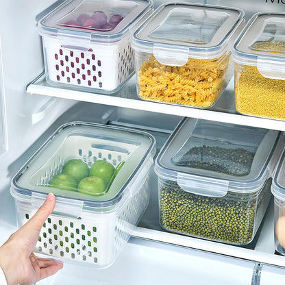 Skiennix Food Storage Containers - 4-in-1 Multipurpose with Removable Colander | Transparent Plastic (Gray, M+L)