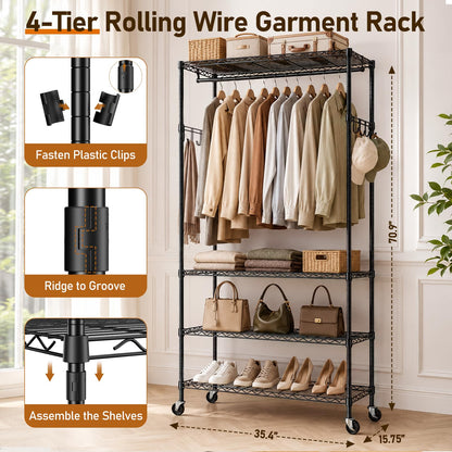 UEAKPIC 4 Tier Heavy Duty Wire Garment Rack, Adjustable Rolling Clothes Rack with Hanging Rod & Hook, Portable Closet Storage Organizers for Hanging Clothes, 35.4"W x 15.75"D x 70.9"H, 396LBS, Black