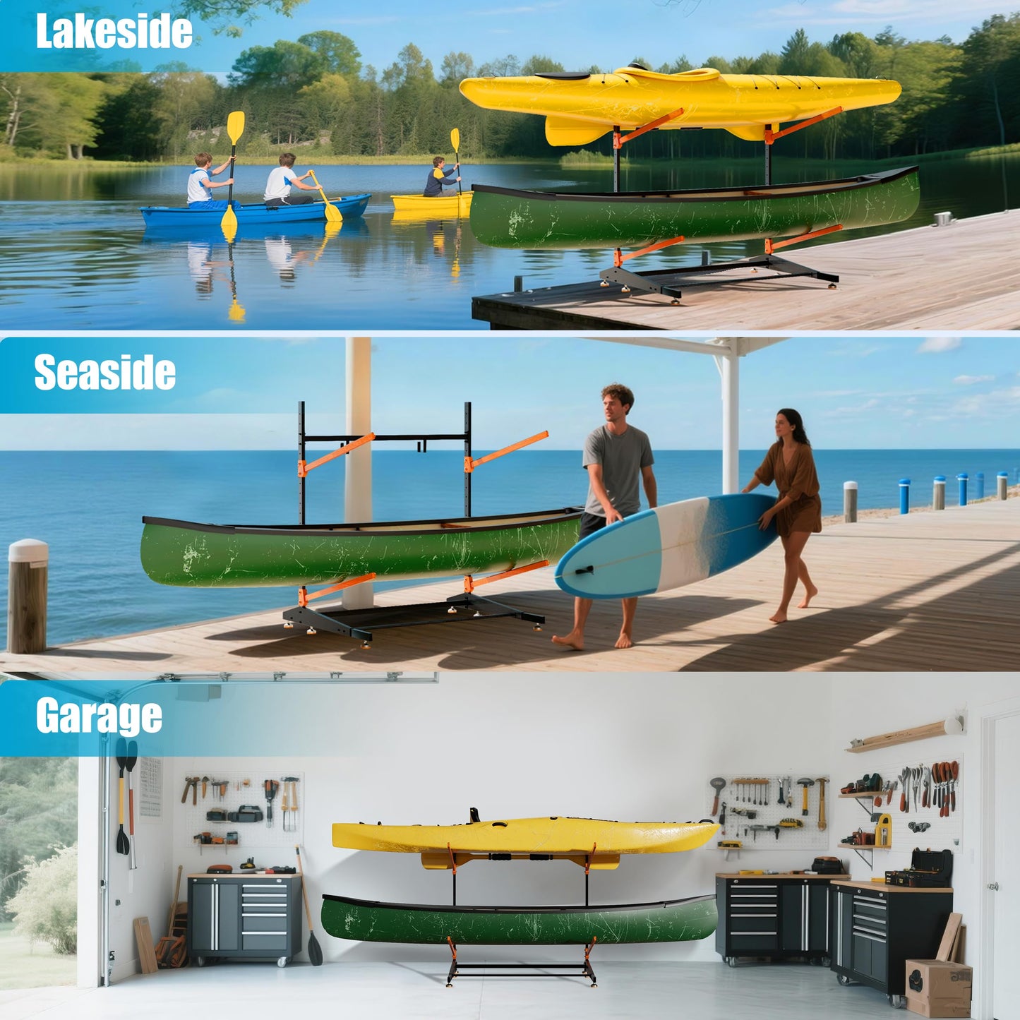 AlloyLake Freestanding Kayak Storage Rack, 2-Tier Heavy Duty Outdoor Canoe Stand for Garage & Dock, Holds 220 lbs, Rust-Proof 304 Stainless Steel Hardware (Orange)