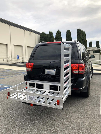 MaxxHaul 50945 Aluminum Hitch Mount Wheelchair/Mobility Carrier – 50" x 29.5" Cargo Basket with 47" Ramp – 500 lb Capacity – Fits RVs, Trucks, SUVs, Vans, Cars – Includes Hitch Tightener