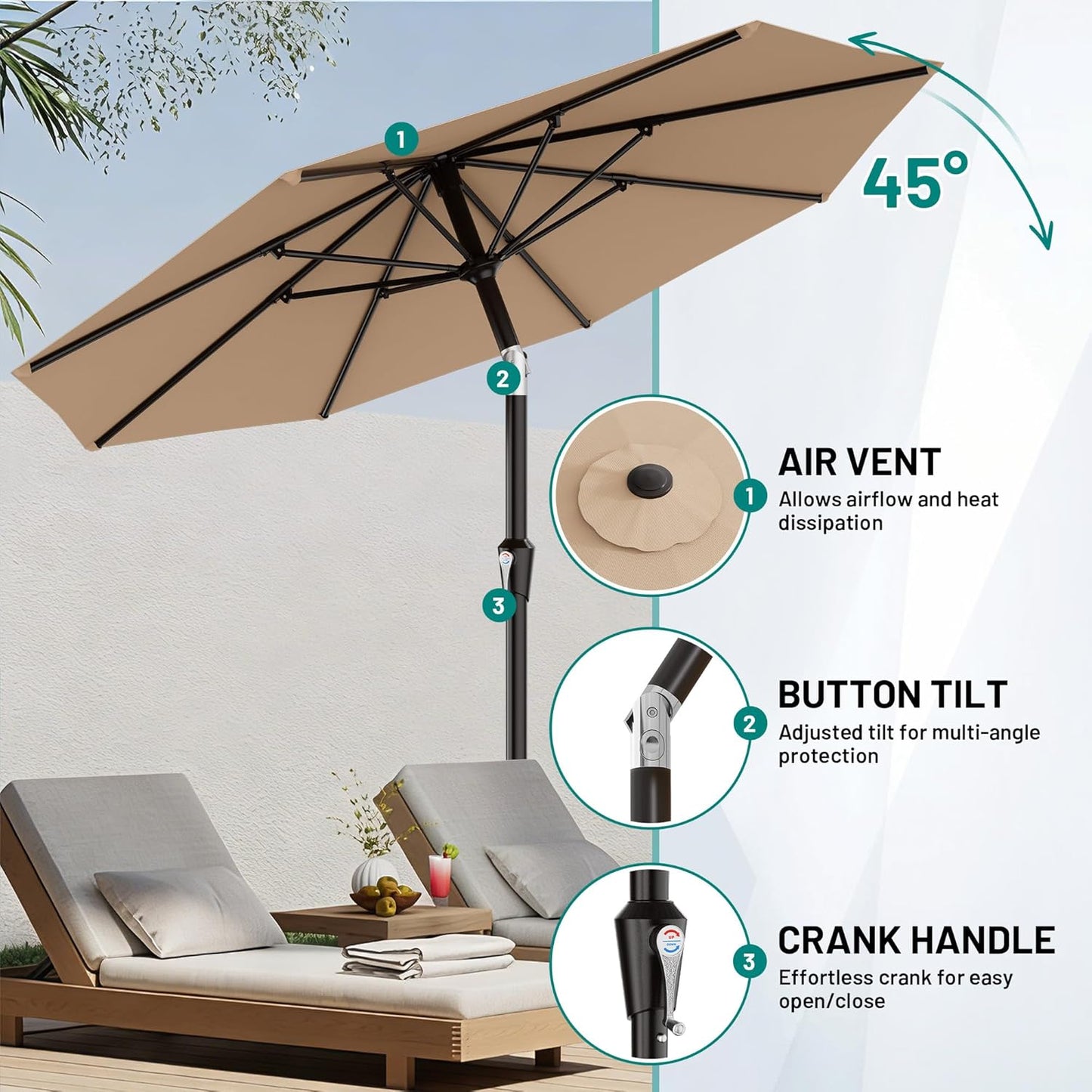 AreShark 9 FT Patio Umbrella - Outdoor Table Umbrella with Push Button Tilt & Crank | Beige, 8 Sturdy Ribs