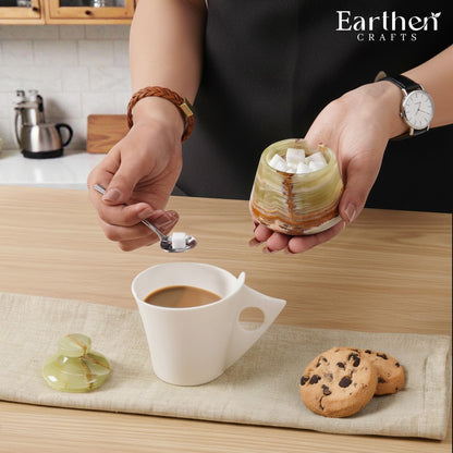 Earthen Crafts Marble Salt Cellar with Lid Green 3 Inches Salt Box Spice Storage Container Seasoning Jar with Spoon, Modern Salt Keeper for Kitchen Countertop, 3 OZ Capacity