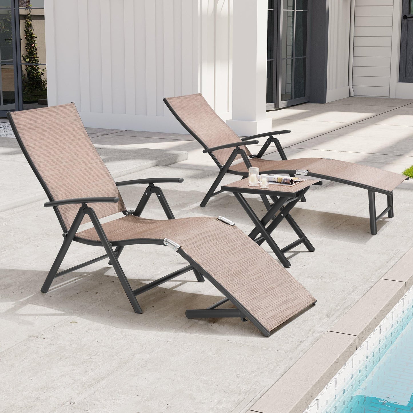 Crestlive Products 2PCS Chaise Lounge Chair Outdoor with 1PC Side Table, Aluminum Folding Patio Recliner Chair, Adjustable 8 Positions Assemble-Free