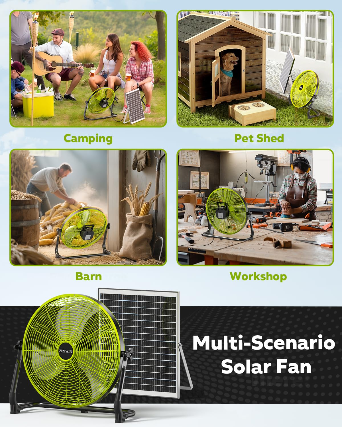 ZIZIWIN 18" Solar Fan, 35W Solar Powered Cordless Greenhouse Fan with Rechargeable Battrey, Portable, 360° Tilt, 8~60H Runtime, for Outdoor Camping Gazebo Chicken Coop Patio Travel Shed Barn