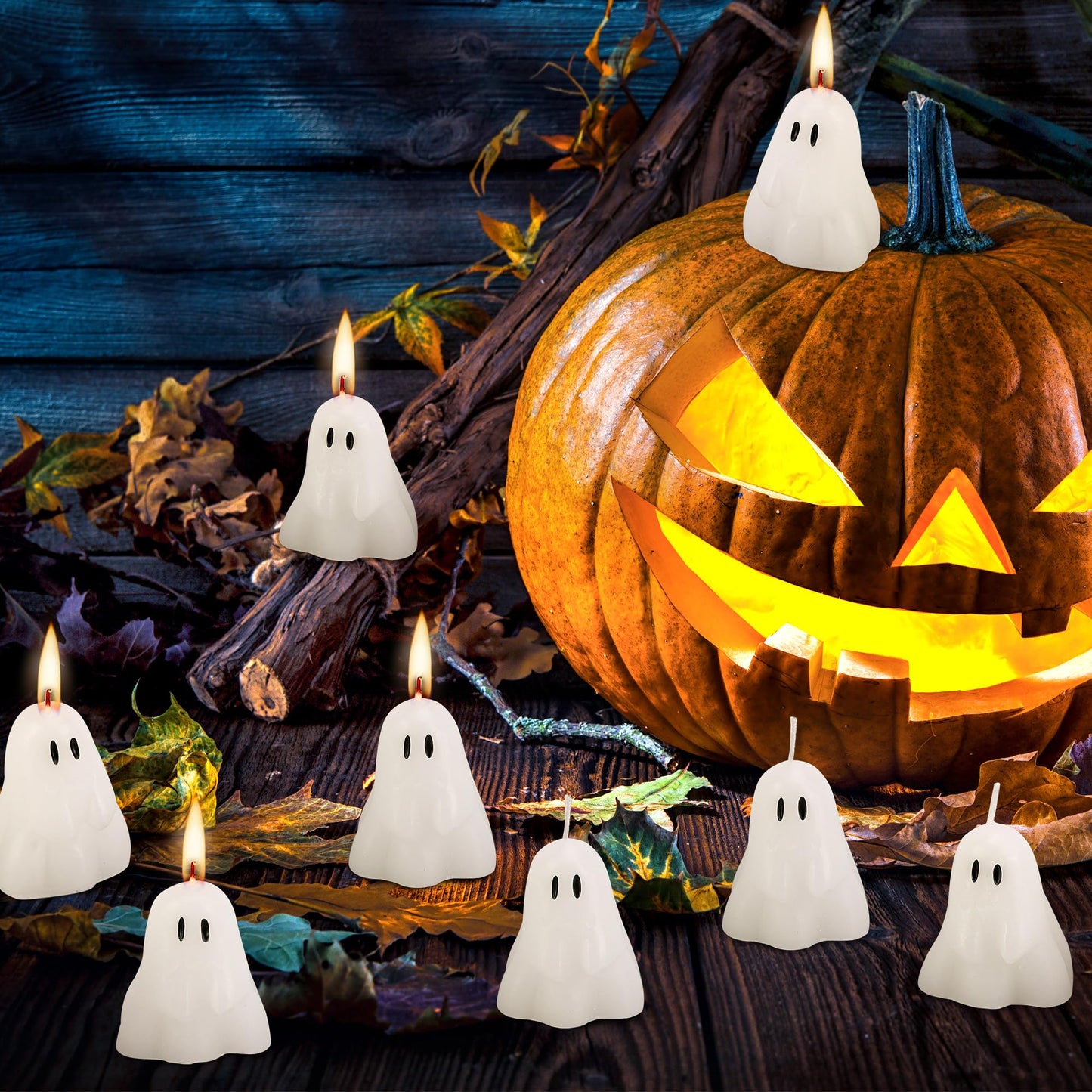 EBaokuup 10 PCS 2'' X 1.6'' Halloween Ghost Candles, Ghost Shaped Decor Candles, Fun Face Spooky Burning Candle for Halloween Party Home and Table Decorations