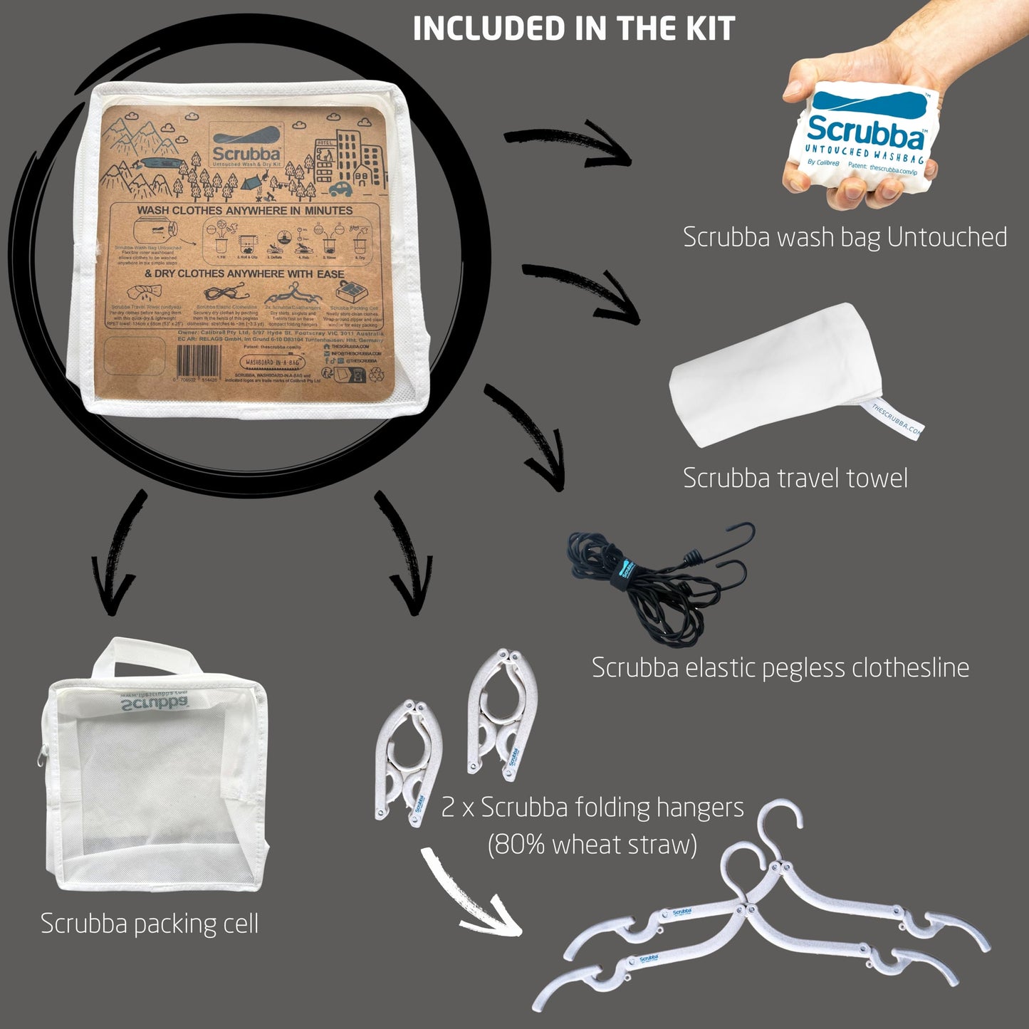 Scrubba UNTOUCHED Wash Bag & Dry Kit - Portable Washing Machine System with XL Towel, Pegless Clothesline & Hangers - Lightweight Eco-Friendly Travel Laundry Kit for Camping, Hiking & RV