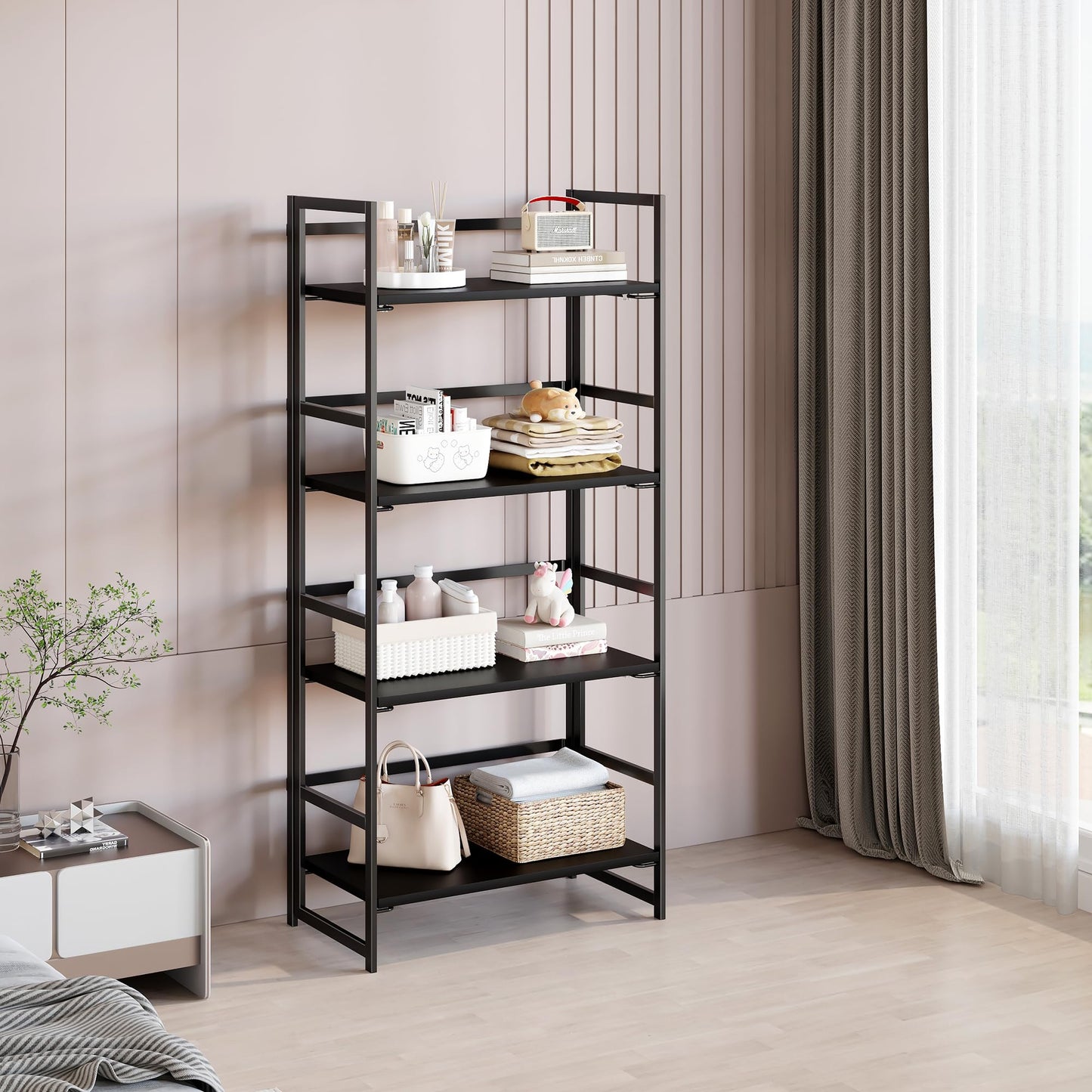 BHG Vintage Multifunctional Folding Bookshelf, No-Assembly Plant Stand Storage Rack Shelves for Home Office (All Black, 4-Tier)