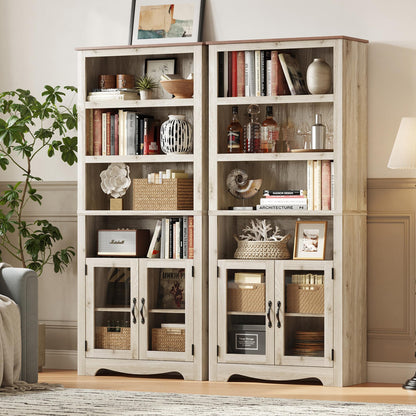 LINSY Bookshelf with Doors, 6 Shelf Bookcase Tall Bookshelves, 73" Farmhouse Book Shelf with Storage Cabinet, Wood Book Shelves for Living Room, Bedroom, Office, Rustic White