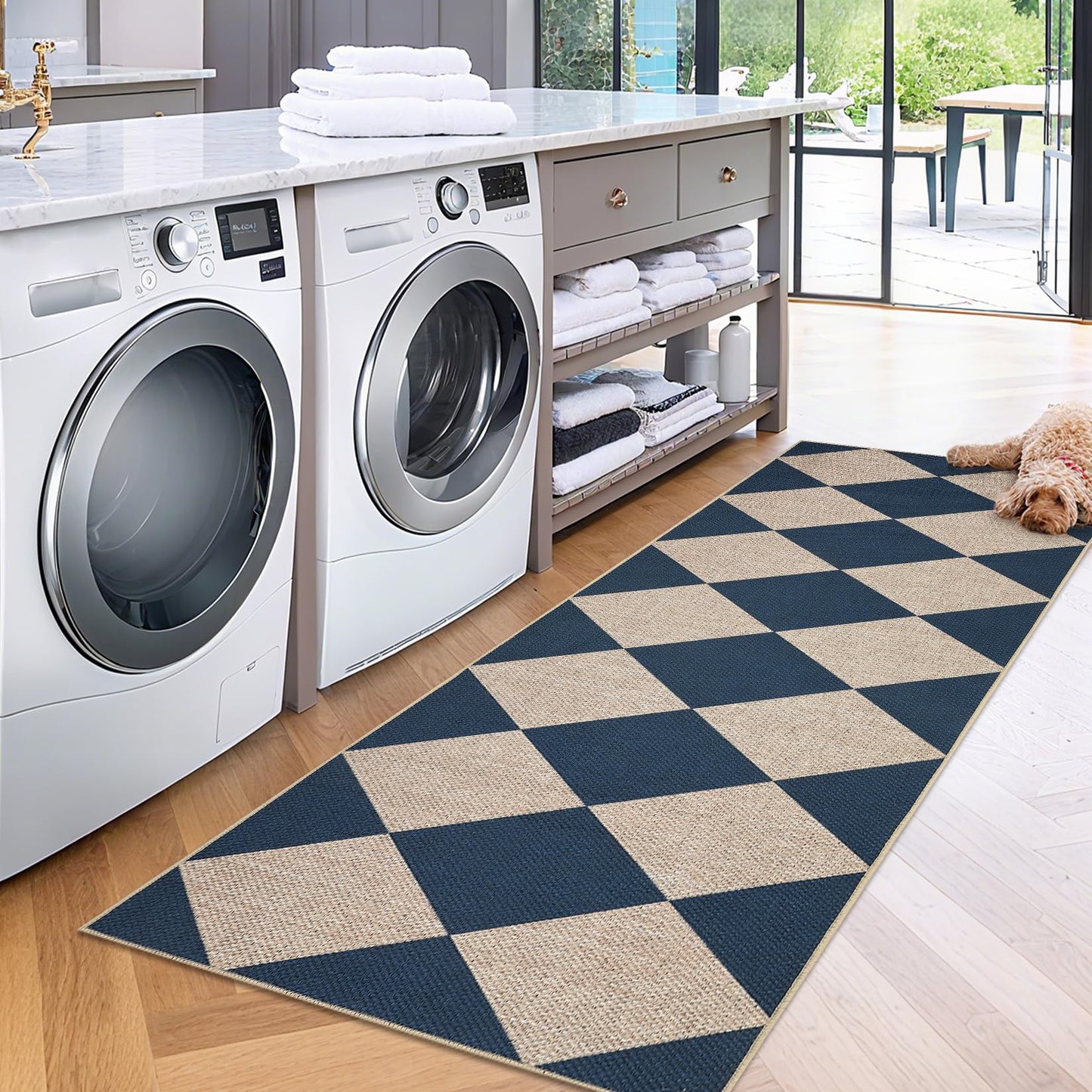 GarveeHome Easy Jute 8x10 Area Rugs for Living Room Checkered Rugs Machine Washable Non-Slip Backing Indoor Outdoor Carpets for Farmhouse Dining Room Nursery Patio Navy Blue