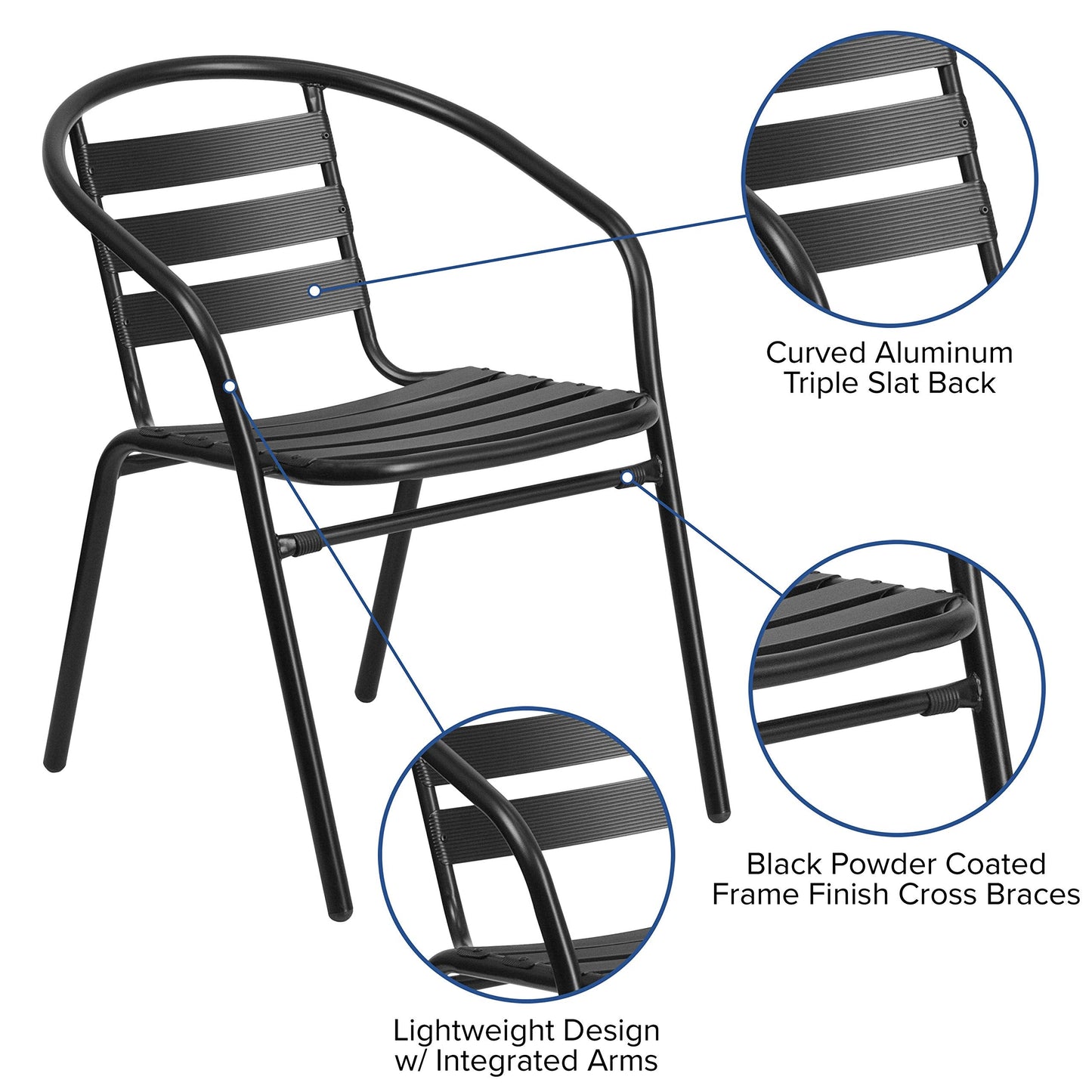 Flash Furniture TLH-ALUM-28SQ-017BK4-GG Lila 27.5'' Square Aluminum Indoor-Outdoor Table Set with 4 Slat Back Chairs, Black