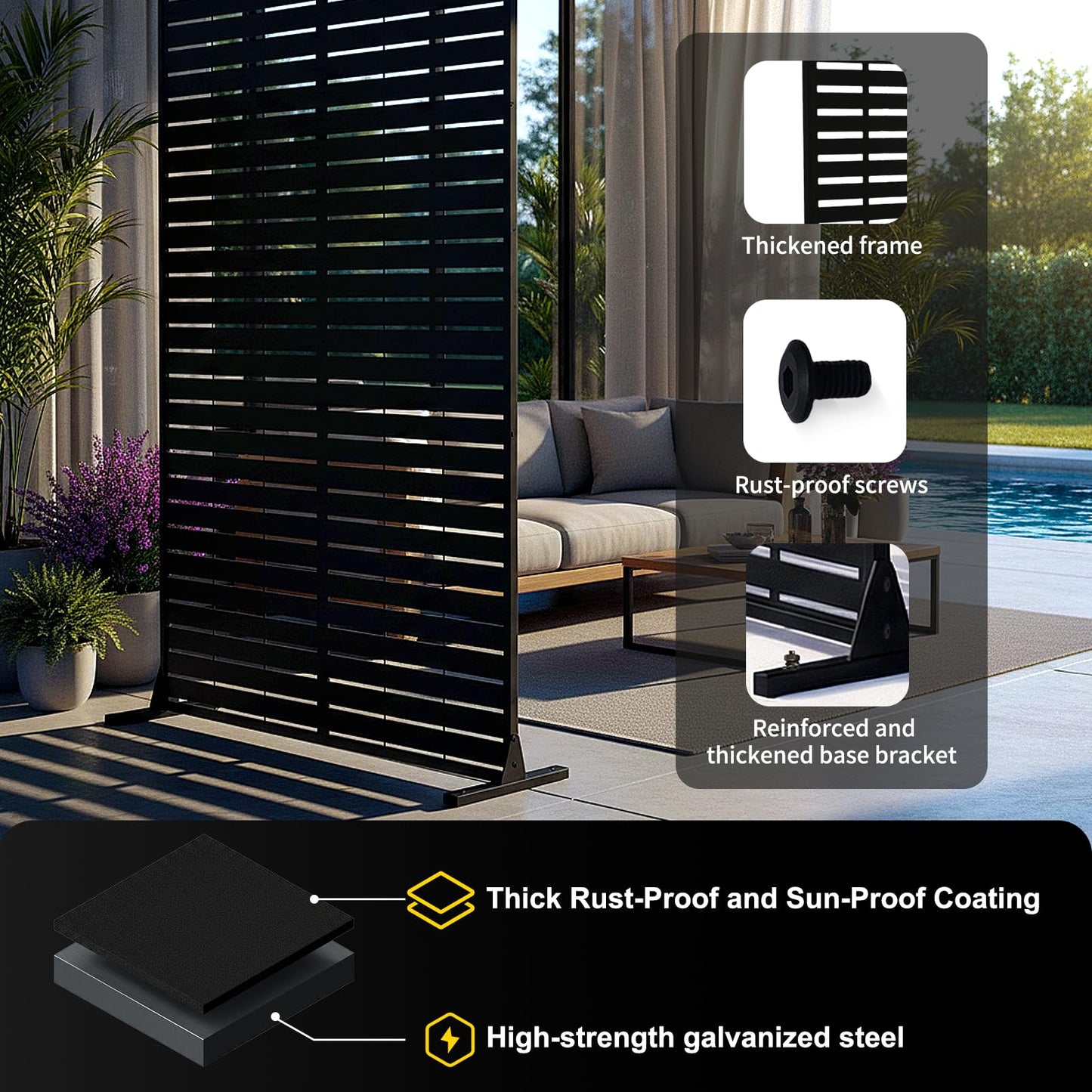 Metal Privacy Screen, 72" Outdoor Privacy Screen, Privacy Fence Panels with Stand, Provide Deck Privacy Protection, Privacy Fence for Garden, Pool, Patio, Balcony, Backyard Landscape