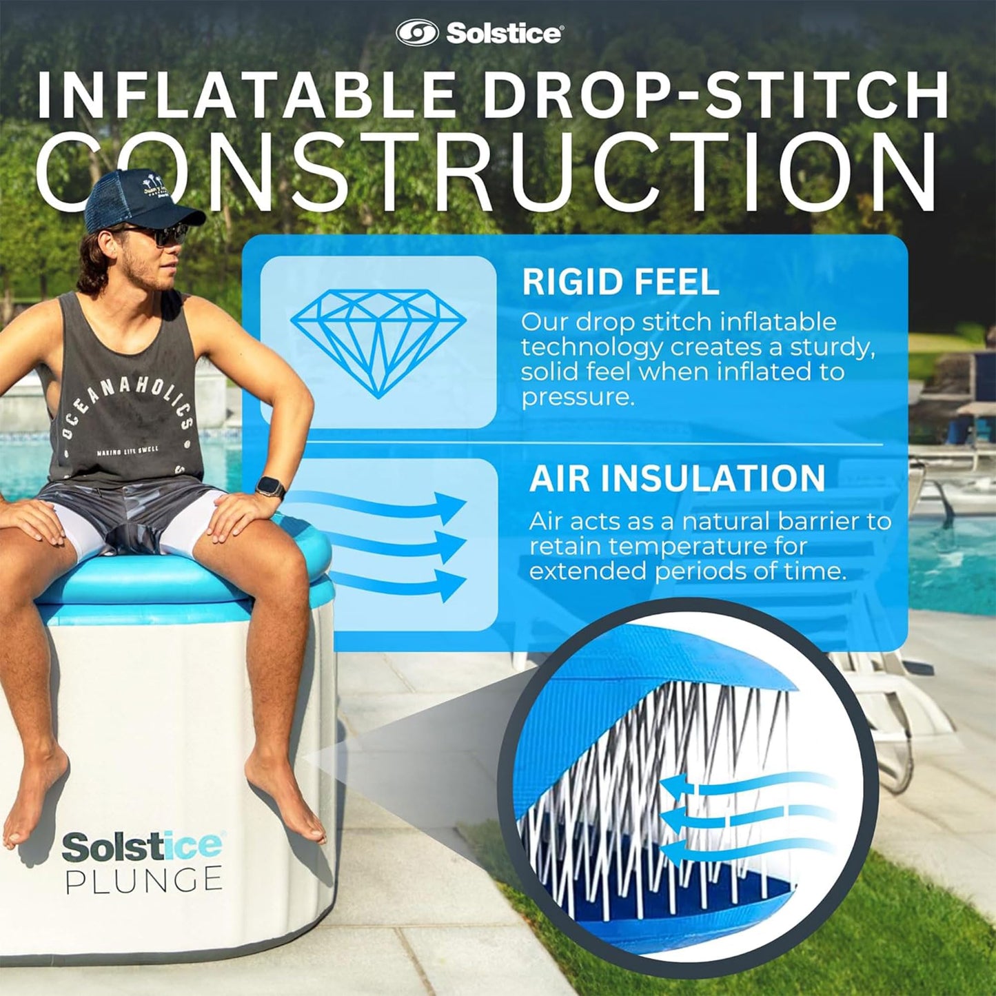 SOLSTICE 1-2 Person Cold Tub, Inflatable Plunge Bath w/Insulated Lid, 100-Gallon Capacity - Includes Pump, Spacious 30-Inch Deep Interior, Durable Drop-Stitch Construction