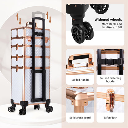 AROUS Rolling Makeup Train Case 4 in 1 Cosmetology Case on Wheels Large Storage Cosmetic Trolley with Key Salon Barber Case Traveling Cart Trunk,White