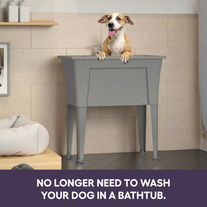 Freestanding Utility Sink with Pull-Out Faucet – 32" with Steel Legs – Multipurpose for Pet Washing & More, Indoor and Outdoor Use – by Noah William Home – Grey (26 gal)