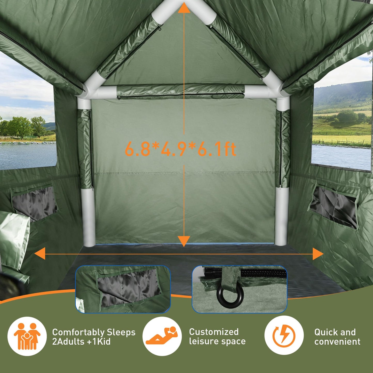Inflatable Truck Tent with Front Awning - PU3000mm Waterproof 2-Min Setup Easy Set up Pickup Truck Tent with Pump 2 persen turck Bed Tent for 5.5ft-8ft Pickup Outdoor Camping Tent