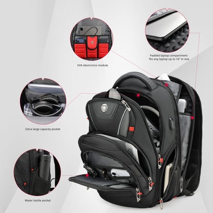 Swissdigital Design Travel Backpack for men with Apple Find My, TSA Friendly USB Charging RFID Protection Business Backpack Fits 15.6" Laptops Black | J149508F-BR