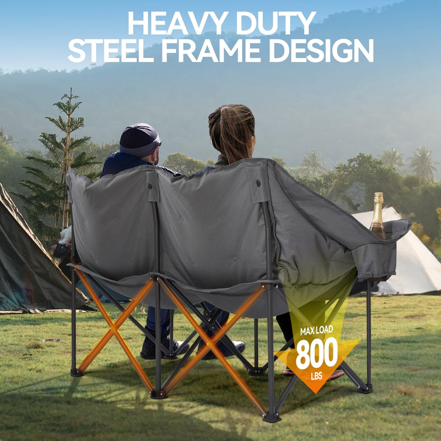 Double Camping Chair Padded 2 Person Camping Chair Camping Loveseat - Heavy Duty Oversized Camping Couch for Adults Outdoor Lawn Beach - Portable Folding Sofa with Cup Holders and Carry Bag, Grey