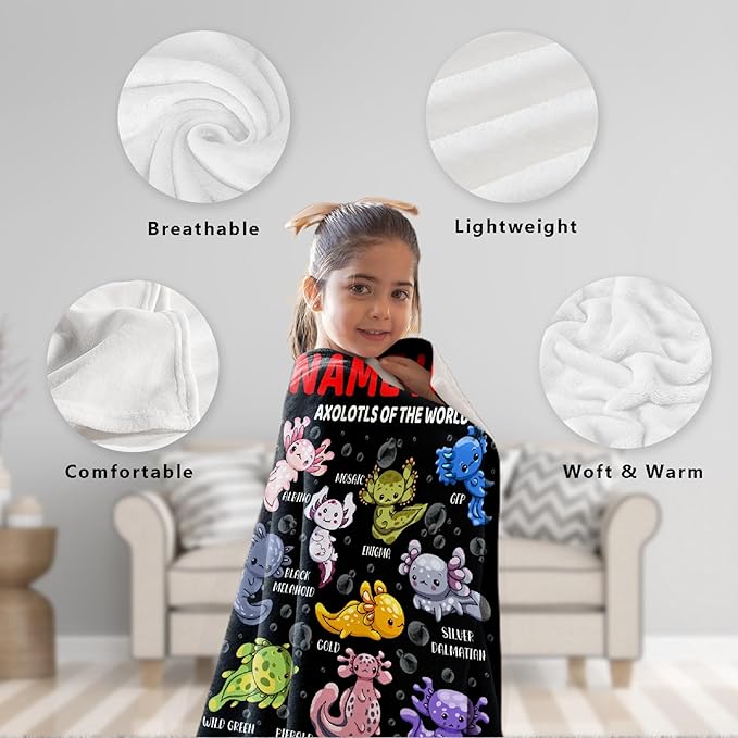 Axolotls of The World Custom Name Blanket Gifts for Girls Boys Women - Super Soft Cozy Warm Throw Sheet for Couch Bed Sofa Office Decor All Season 40x50 for Kids/Children