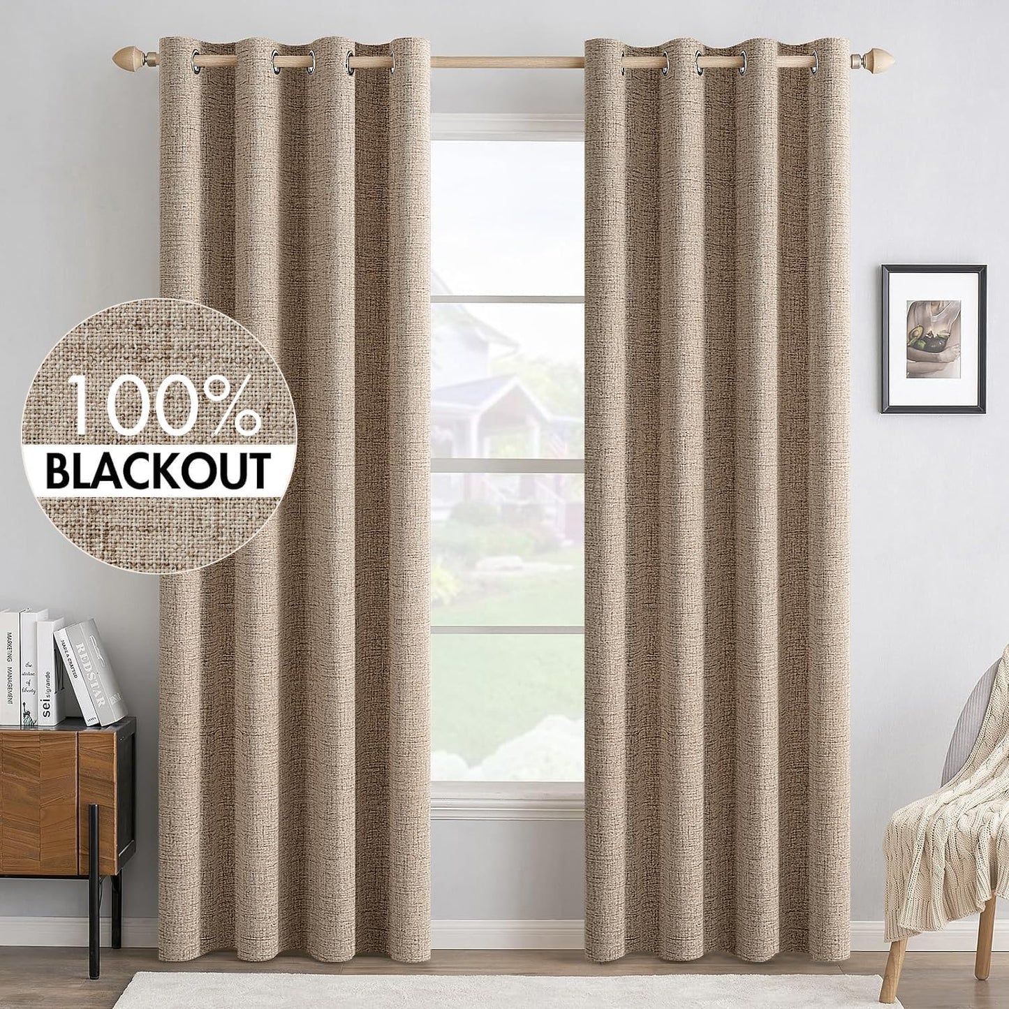 MIULEE Blackout Linen Textured Curtains - Thermal Insulated Room Darkening Drapes | Copper Brown, 52 x 108 Inch (2 Panels)