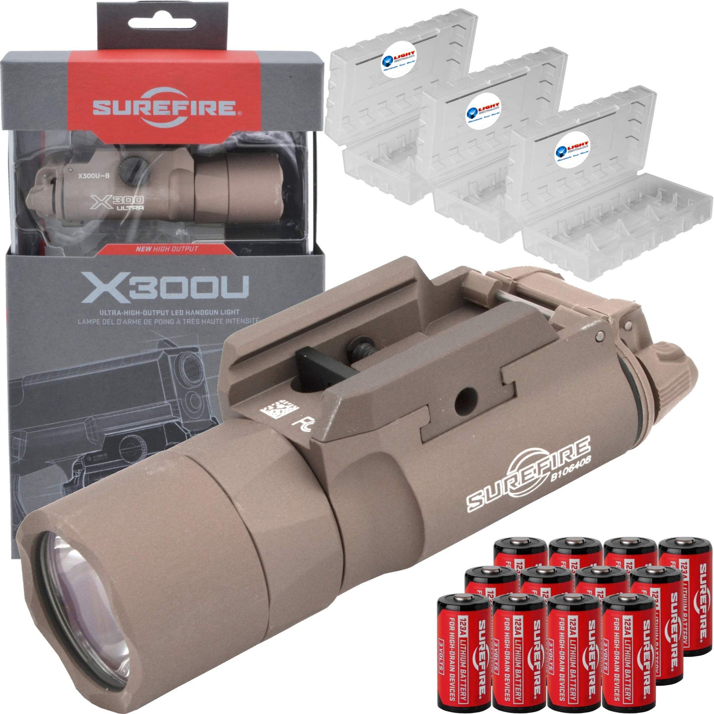 Sure Fire X300 Ultra (X300U-B) High Output 1000 Lumen LED Weapon Light (Tan) with 12 Extra 123A Batteries and 3 Battery Cases - Picatinny and Universal Rail Compatible