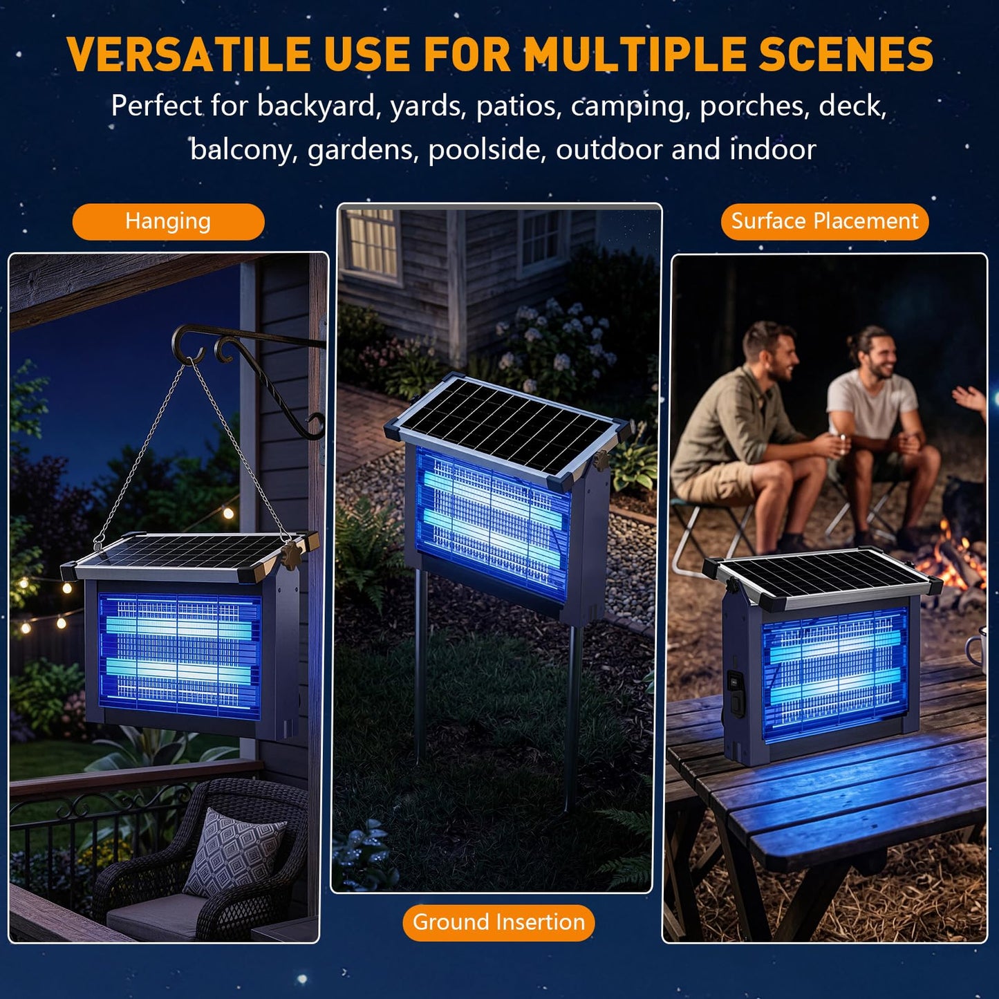 Solar Bug Zapper Outdoor, 4500V Solar Mosquito Zapper for Outdoor & Indoor, 1/2 Acre Coverage Cordless Rechargeable Electric Fly Zapper, IPX5 Waterproof Mosquito Traps for Backyard, Patio, Camping