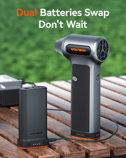 WOLFBOX MF200-2PK Compressed Air Duster - 2 Swappable Battery Packs & Case, Hurricane-Force Electric Air Blower for PC, Car Detailing, Camping & Home, High-Pressure Duster for Narrow Gaps & Crevices