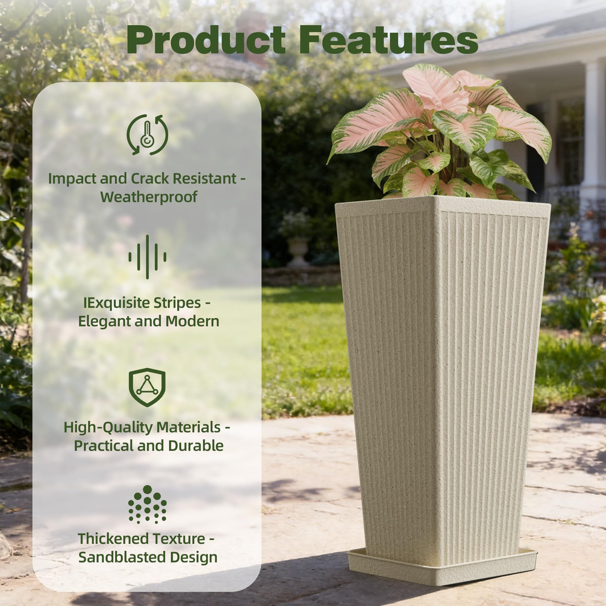 Trygoal Square Tall Planters for Outdoor Plants Set of 2-23.6" Heavy-Duty Classic Tapered Indoor Flower Pots with Drainage Holes/Partition/Tray, Large Outdoor Planters for Porch Patio, Beige Cream