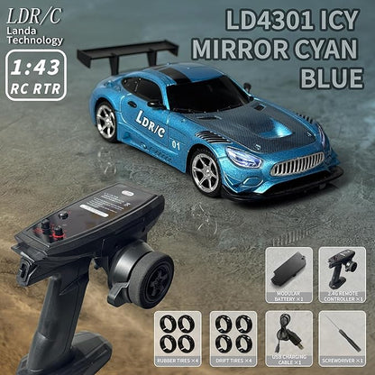 LDRC LD4301 1:43 Scale RC Drift Mini Car 2.4G Remote Control Car with Alloy Shell Built-in Gyroscope Mini Desktop Racing Vehicle for Indoor/Outdoor Play (Ice Blue)