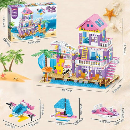955 Piece Beach House Building SetSeaside Beach Villa Building Toys Friends Vacation Hut Blocks SetSTEM BuildingToys with HelicopterYachtSailboatChristmas Birthday Gift for Girl Age 6-12+