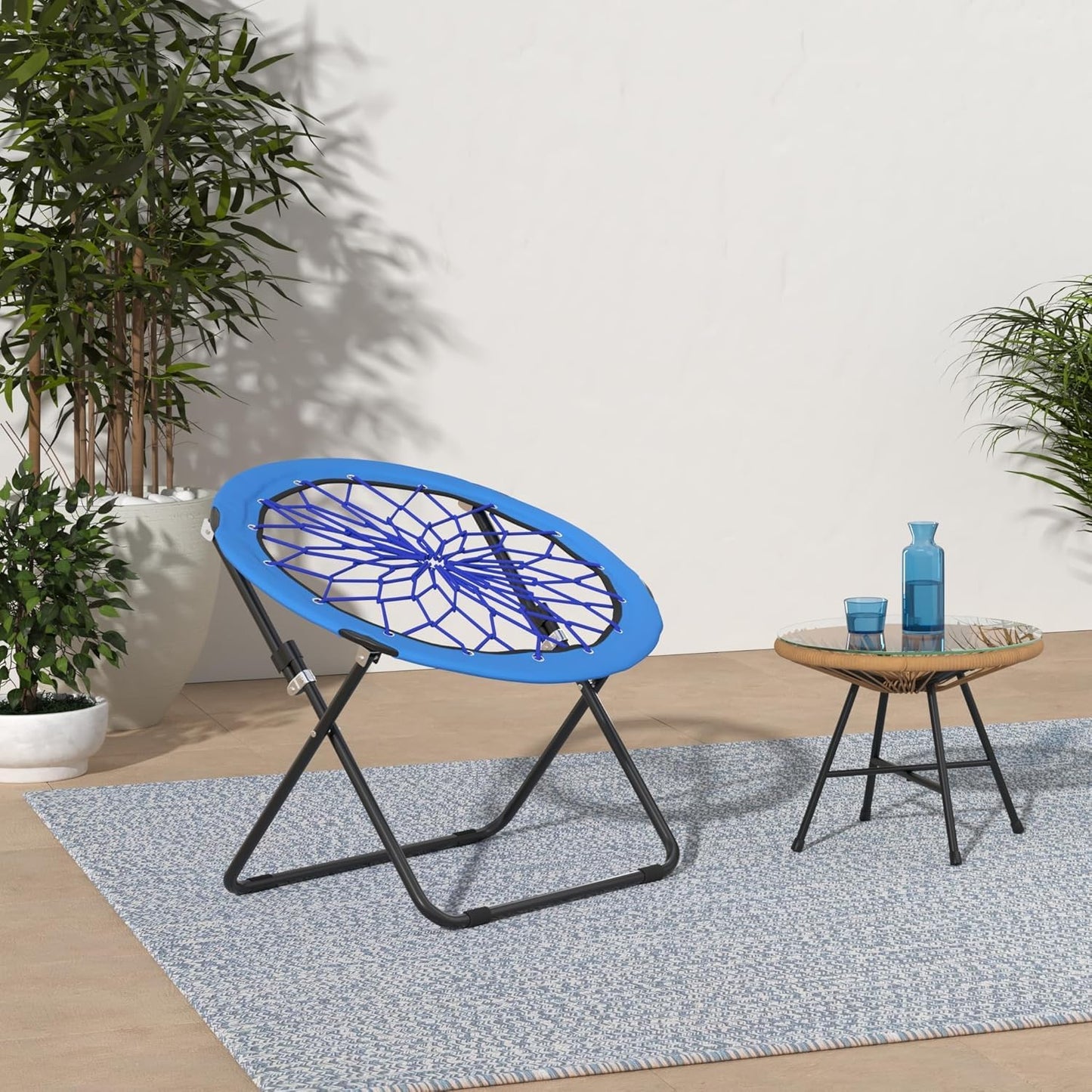 CAMP SOLUTIONS 2 Pack Bungee Bunjo Folding Chair, Saucer Dish Chair Bunjo Chair Outdoor Indoor Use for Camping Game& Recreation Room Livingroom Study (BLUE-2PK)