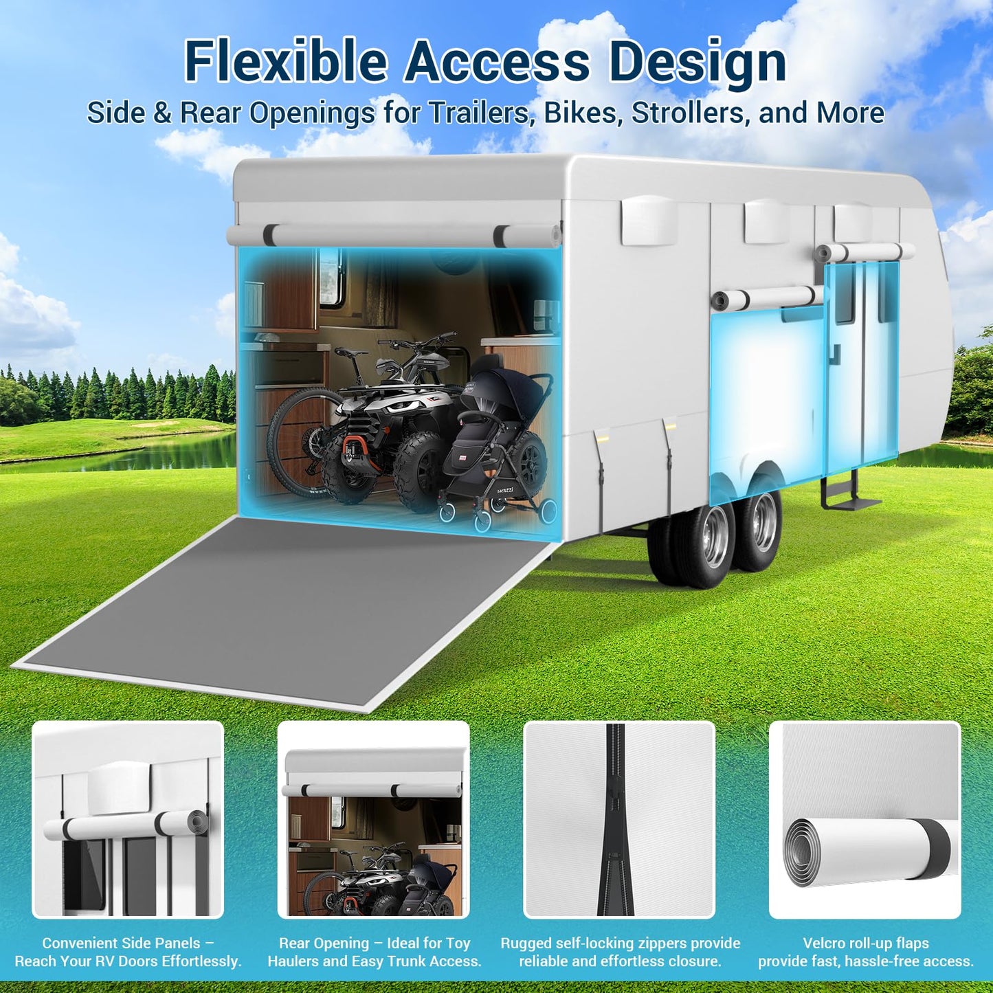 600D Oxford Fabric RV Cover 35-38ft Travel Trailer Cover, 6 Layers Breathable Waterproof Rip-Stop Camper Cover with Adhesive Repair Patches, Gutter, Tire & Additional Straps